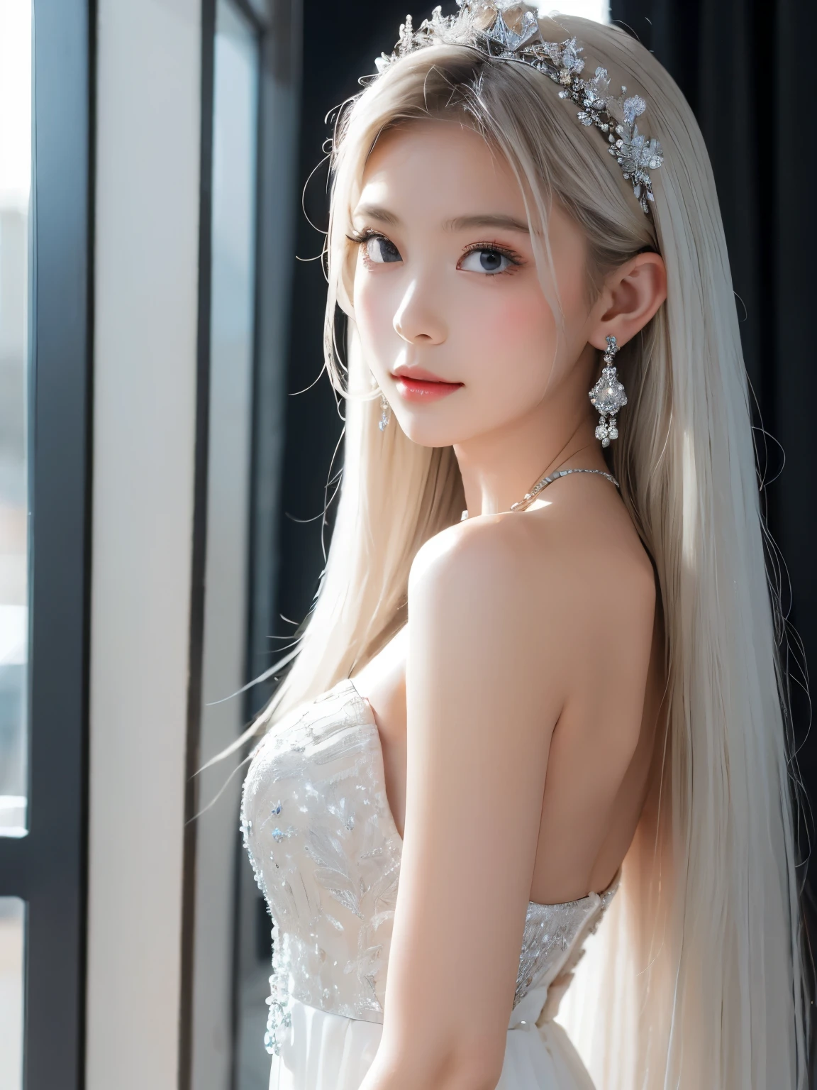 (masterpiece, best quality: 1.4), Detailed background, White crystal, crystal cluster,long hair,jewelry, earrings, necklace, crown, bride, white hair, halo,