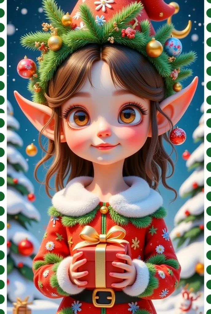  A PAINTING OF A GIRL IN A CHRISTMAS ELF HAT AND HOOKING A GIFT, Elf Girl, little Elf Girl, teen Elf Girl,  Elf Beauty , a portrait of A little elf, (((crazy))) Elf Princess, Elf Princess, portrait of A little elf, Elf Punk , Elf Girl wearing an flower suit, Teenage elves, Pokemon tomboy , A little elf