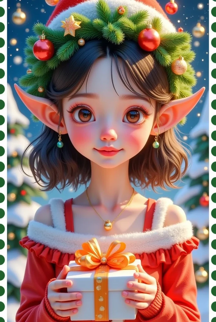  A PAINTING OF A GIRL IN A CHRISTMAS ELF HAT AND HOOKING A GIFT, Pastel painting by Kanbun Master, Trending on CGSociety, Fantasy Art, Elf Girl, little Elf Girl, teen Elf Girl,  Elf Beauty , a Portrait of an Elf, (((crazy))) Elf Princess, Elf Princess, Portrait of an Elf, Elf Punk , Elf Girl wearing an flower suit