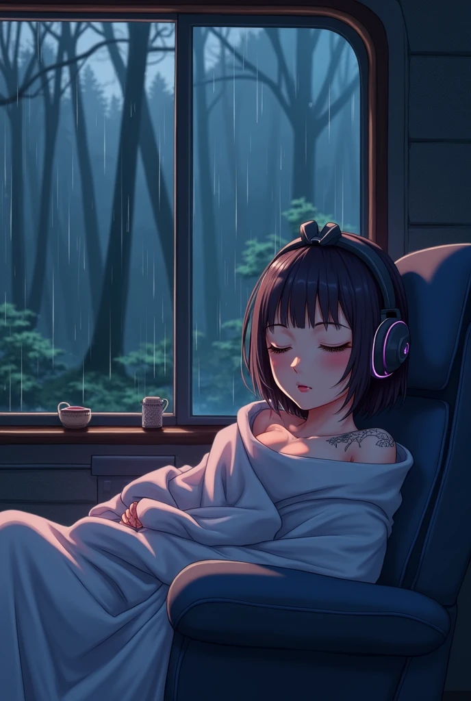 anime girl wearing white headphones, wearing a competitive swimsuit, athlete swimsuit, reading a book, black hair, 29 years old, Soak in the bath, in the bathroom, Exposed cleavage, big breasts H-cup, accentuate the cleavage, accentuate big, revealing skin, lofi girl anime vibes, lofi artstyle, anime style 4k, anime aesthetic, nightcore, lofi feel, lofi art, anime art wallpaper 4k, anime wallpaper 4k, lofi vibes, plants in the room, city view, sunrise, white headphone, she is reading a book in the bath, Heavenly music that fills the air, one thick candle is lighting, Night city lights illuminate the bathroom, anime style, cinematic lighting, Sony FE GM, first-person view, masterpiece, best quality, 4K