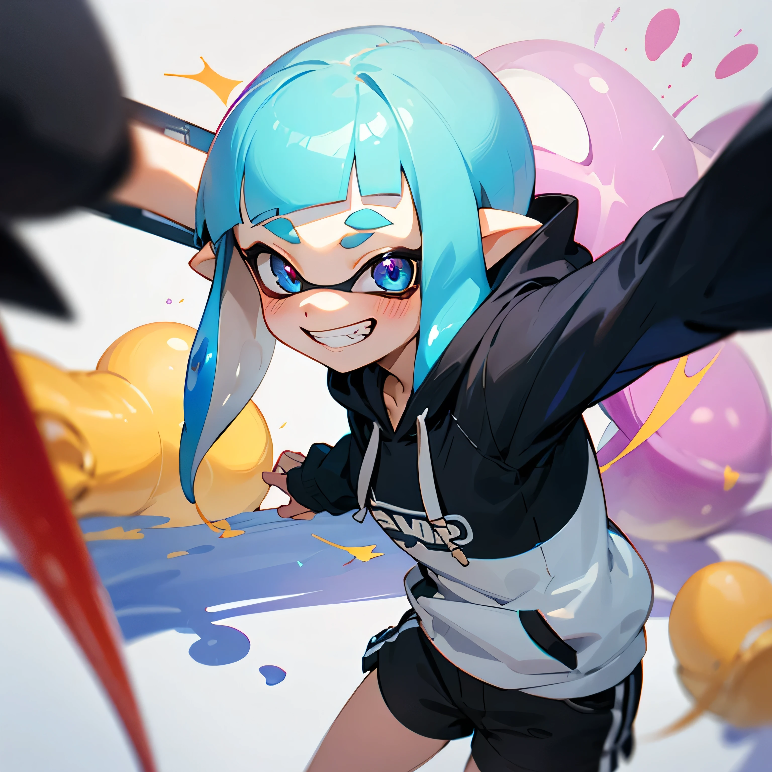 background:wall,solo,Lean forward on the desk,Sex,Naughty,blush,Drooling,Naughty,Splatoon,hoodie,Moe sleeves,skirt,boots,Pattering your feet,General convulsions,