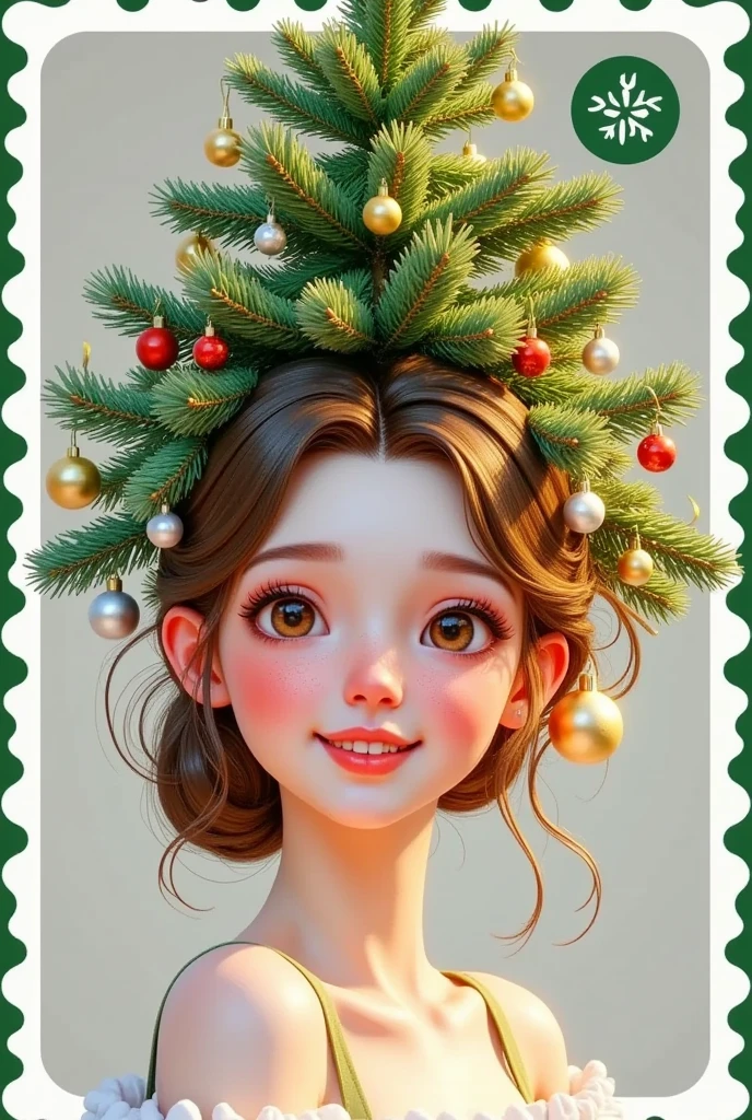 (masterpiece,  Quality Best :1.2), 1 Girl,  unique ，Merry Christmas，   pretty girl with a Christmas tree hanging on her head，Hanging Christmas balls  ，Stamp border
