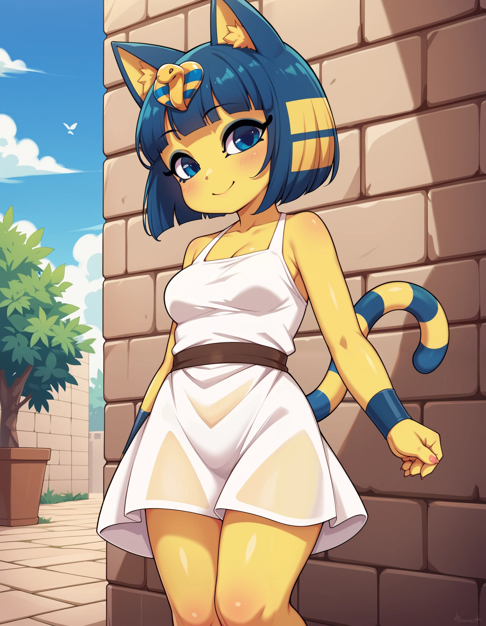 score_9, score_8_up, score_7_up, source_anime, rating_safe, best quality, masterpiece,  
BREAK
ankha (animal crossing), 1girl, ;3, animal ears, standing, looking at viewer, blue eyes, blue hair, cat ears, cat tail, closed mouth, colored skin, female focus, looking at viewer, outdoors, short hair, medium breasts, smile, solo, standing, tail, thighs, yellow skin, white dress, female focus, outdoors
