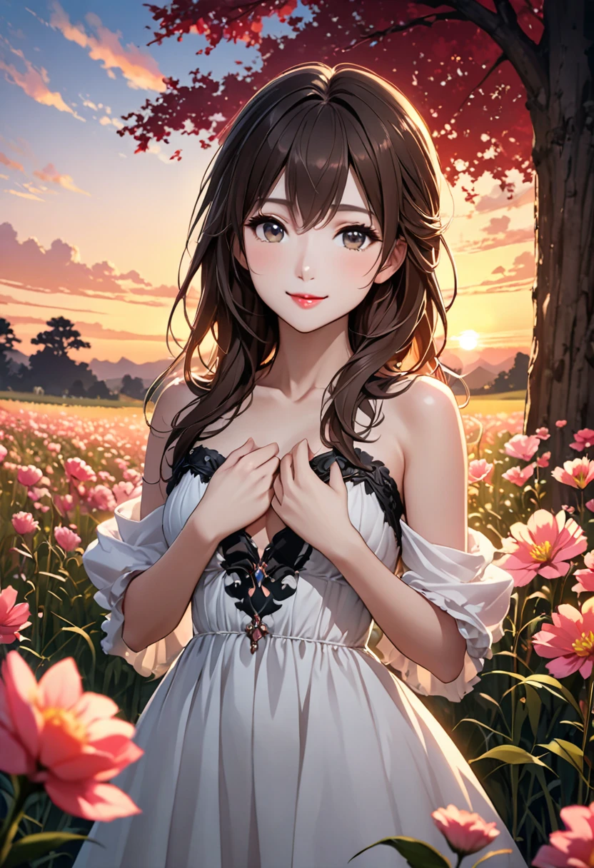  best quality,  high definition , 8k,  High image quality,  one beautiful woman hiding her chest with her hands ,  slim,   anatomically beautiful figure,  beautifully detailed face ,  white skin,  beautiful eyes like a goddess ,  cute pink lips, Brown-black long hair , Mid-chest,  Elegant Dress ,  look at me and smile, Natural Shading, Large tree, 野に咲くflower, flower, sunset, grassland, Evening sky, Red Cloud,  detailed illustration art, 