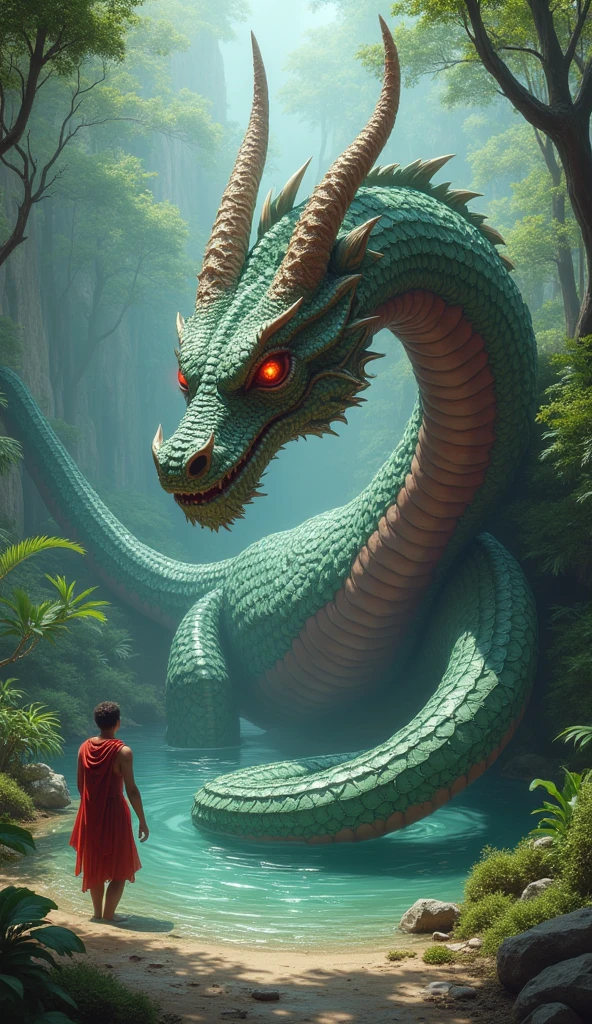 Make a big serpents that transform into a handsome boy jn the forest the serpents color is a dark red color
