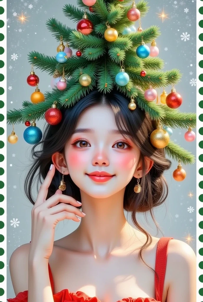 (masterpiece,  Quality Best :1.2), 1 Girl,  unique ，Merry Christmas，   pretty girl with a Christmas tree hanging on her head，Hanging Christmas balls  ，Stamp border
