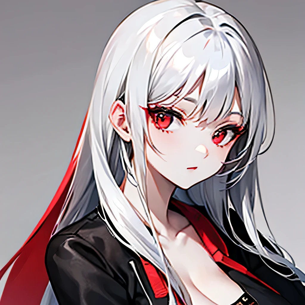Black with red eyes, silver hair, long hair, cute face, G_CUP(BREASTS),