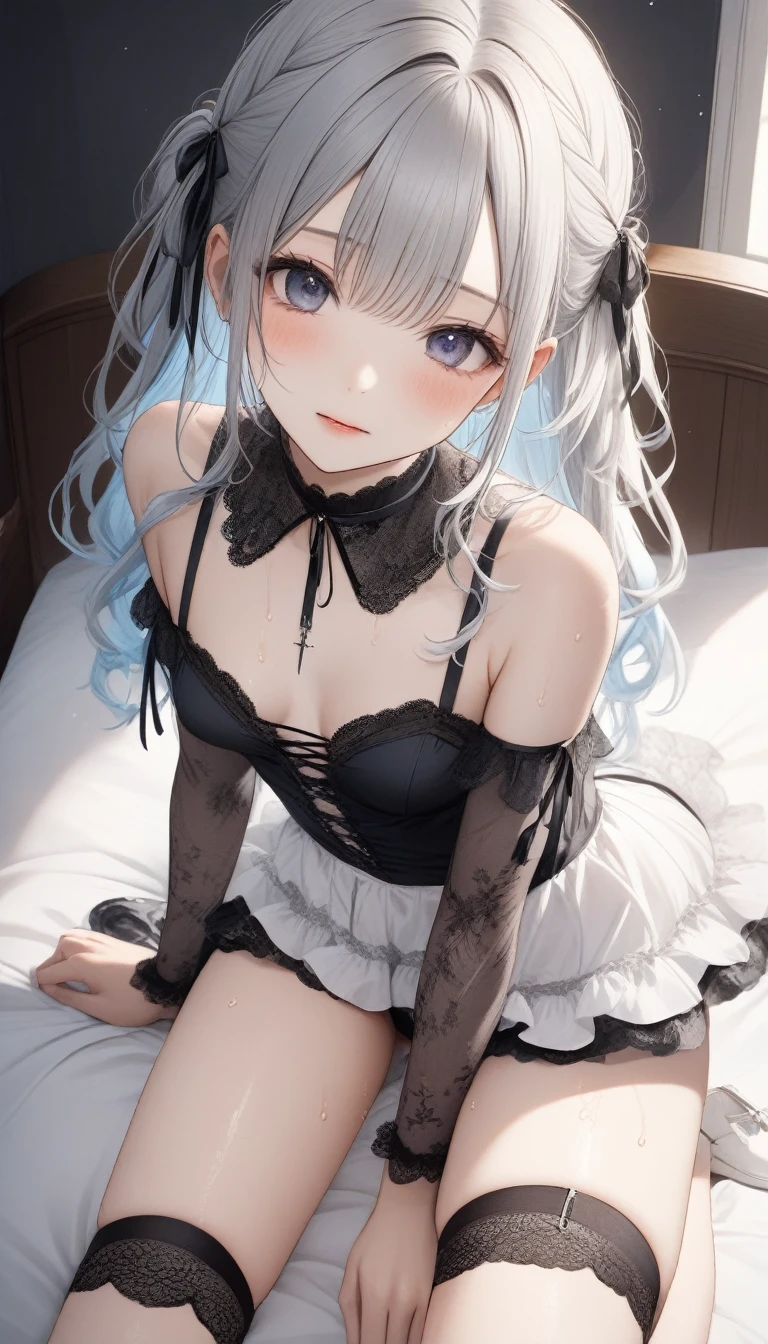 ,small breasts,bare breasts,uterus,nsfw,vaginal,woman on top,fishnet thighhighs,sweat,cum in pussy,low twintails,seductive smile,spoken heart,flat chest