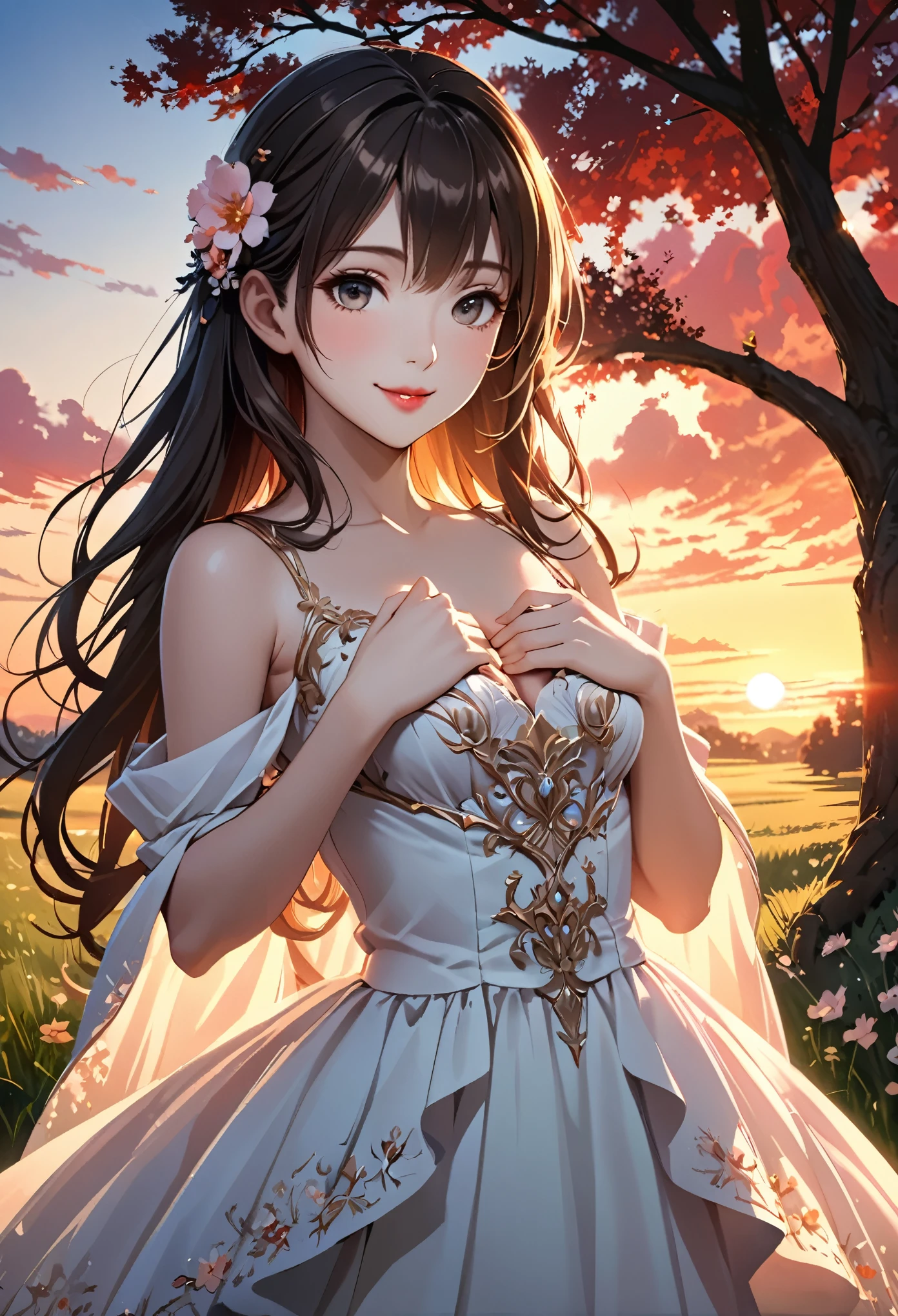  best quality,  high definition , 8k,  High image quality,  one beautiful woman hiding her chest with her hands ,  slim,   anatomically beautiful figure,  beautifully detailed face ,  white skin,  beautiful eyes like a goddess ,  cute pink lips, Brown-black long hair , Mid-chest,  Elegant Dress ,  look at me and smile, Natural Shading, Large tree, 野に咲くflower, flower, sunset, grassland, Evening sky, Red Cloud,  detailed illustration art, 