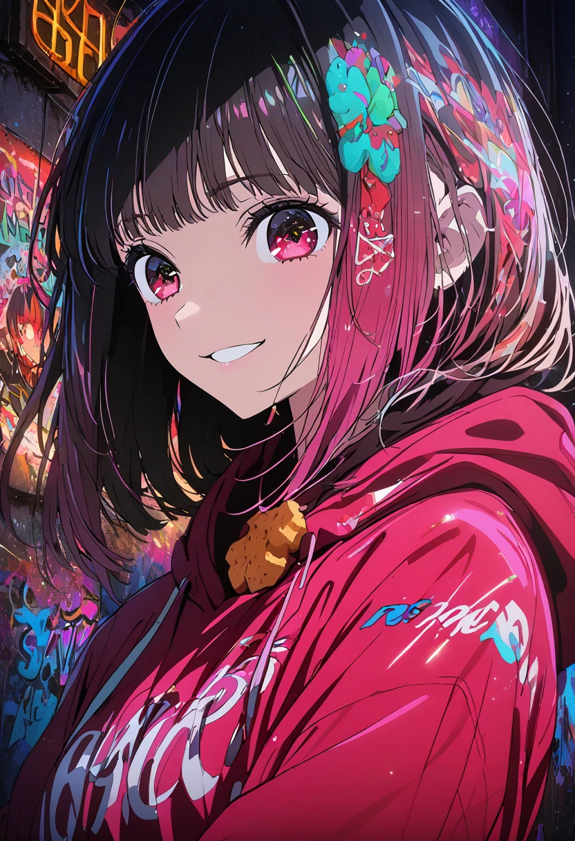 masterpiece,  best quality, 8k, detailed background, masterpiece,  best quality, smile,  ornament with yam,  hoodies , Portraiture, Neon Red, graffiti, dark, night, Shining Eyes,  black light,Arima Kana