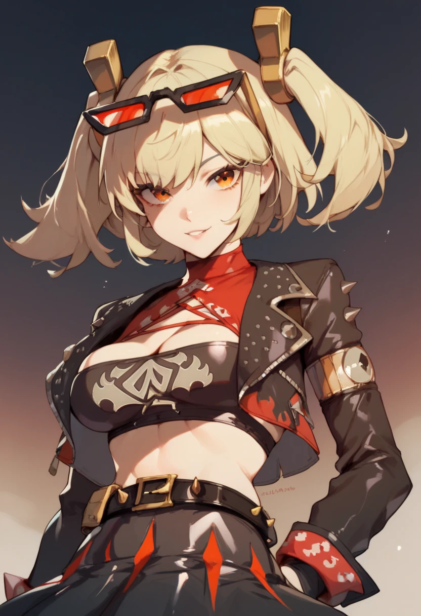 Character:

Burnice_ZZZ, blonde hair, orange eyes, two side up, short twintails, hair ornament, eyewear on head, sunglasses, goggles,

Default Outfit:

crop top, tube top, black jacket, black thighhighs, cropped jacket, red shirt, cleavage cutout, long sleeves, belt, black skirt, red wrist cuffs, red thigh strap, fingerless gloves, miniskirt, midriff, turtleneck,