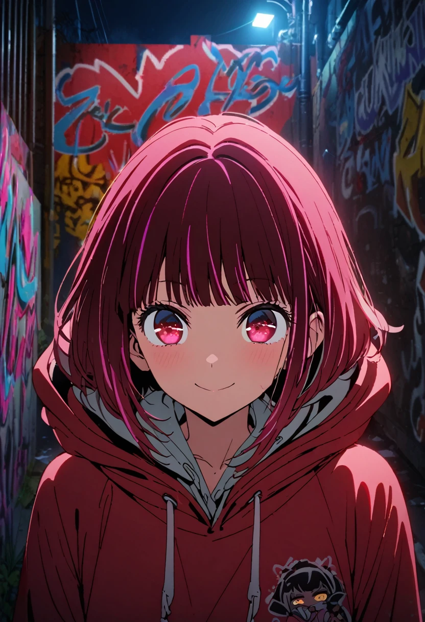 masterpiece,  best quality, 8k, detailed background, masterpiece,  best quality, smile,  ornament with yam,  hoodies , Portraiture, Neon Red, graffiti, dark, night, Shining Eyes,  black light,Arima Kana