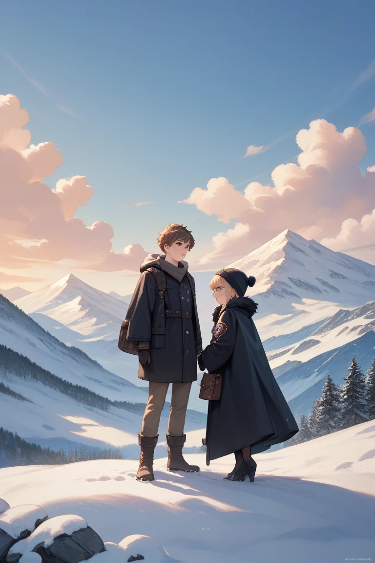 girl and young man,The young man is wearing a black cloak and a deep hood to hide his eyes,The girl is wearing a black coat, snowy mountains