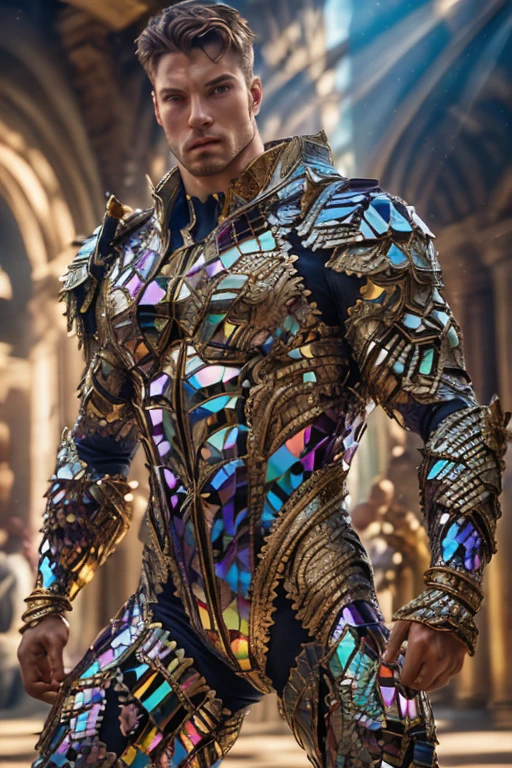 realistic, ((masterpiece)), ((best quality)), (detailed), cinematic, dynamic lighting, soft shadow, detailed background, professional photography, depth of field, intricate, detailed face, subsurface scattering, realistic hair, realistic eyes, muscular, manly, photo of a handsome man, bismuth4rmor, wearing bismuth bodysuit,