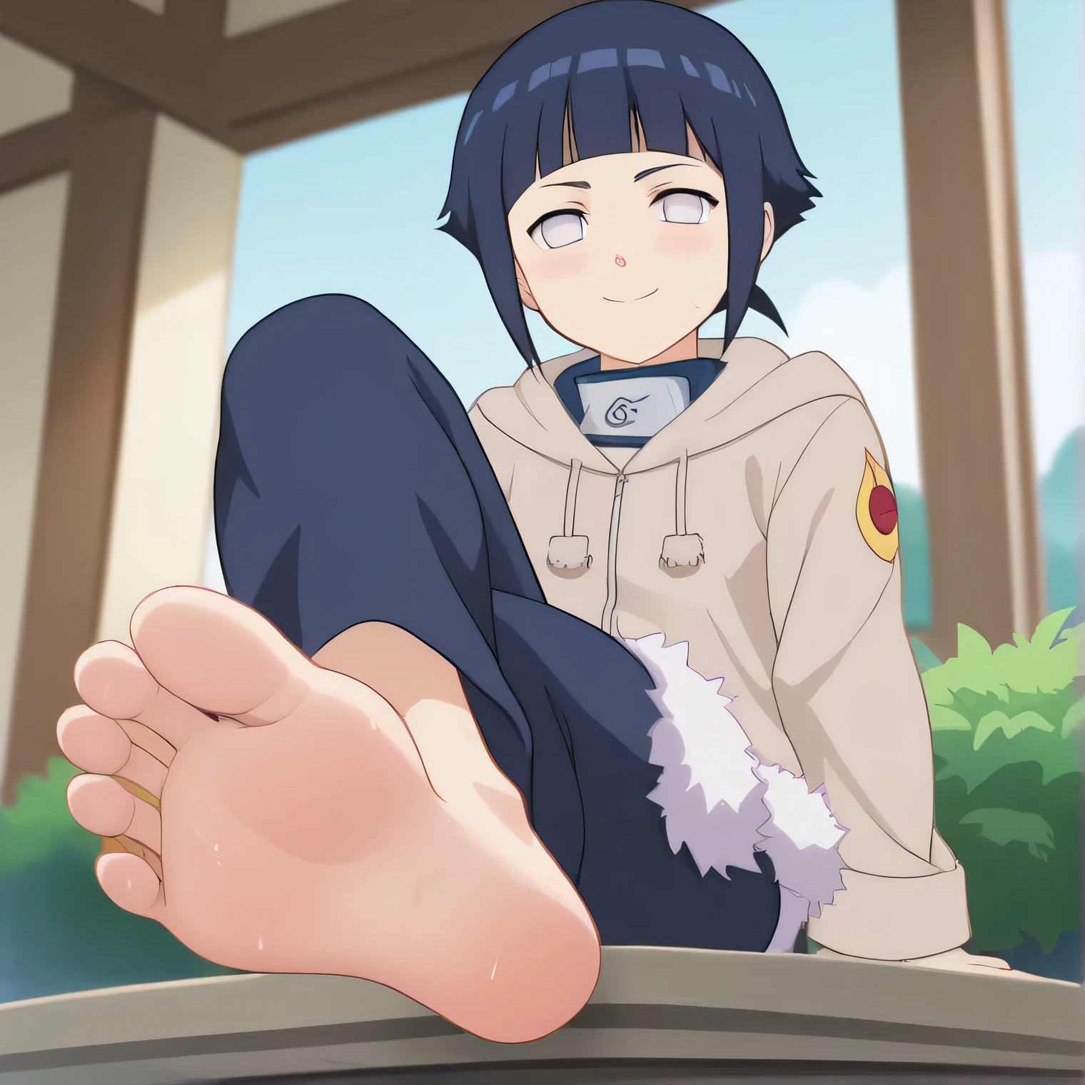 score_9, score_8_up,source_anime,Hinata, 
 short hair, dark blue hair, no pupils, 1girl, blunt bangs, shiny hair, grey eyes, Hoodie, alone, hood down, long sleeves, looking at viewer, blush, fur trim, capri pants,   Smile， closed mouth,sitting, crossed legs, cowboy shot, bandages, thigh holster,  konohagakure symbol  , forehead protector, 
ANIME SCREENCAP, anime coloring,
in a garden，Soles sweating，Lifting one leg to show her soles，barefoot，Perfect feet，Anatomically correct，soles，Low Angle，Focal length 35mm, Five toes，