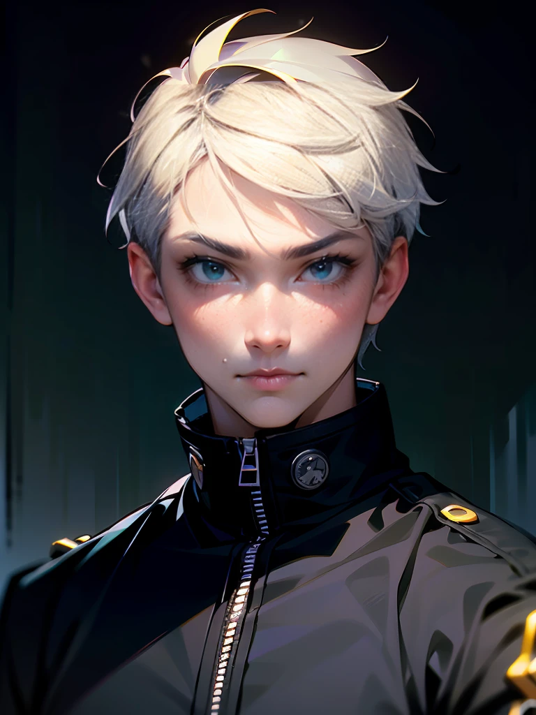 1 male, detailed realistic face, calm expression, purple and green eyes, heterochromia, black tracksuit, zipped up, gakuran uniform, lean muscular build, black cargo pants, perfect generation, (best quality,4k,8k,highres,masterpiece:1.2),highly detailed,cinematic lighting,chiaroscuro,dramatic contrast,moody atmosphere