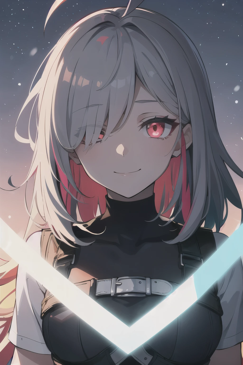 highres, highest quallity, 1girl, (adult:1.2), solo, ,medium_hair, (blank eyes:1.2), ahoge, (messy_hair:0.8), eye_shadow, grey_hair,multicolored hair, accessories, night sky, red_theme, red_eyeliner, glowing_eyes, striped_fashion, (beautiful woman, perfect face, perfect eyes, perfect female body, kkw-h-bb)1.5, seductive_smile, black_t-shirt, belt, bracelets, camp, snow, military_vest