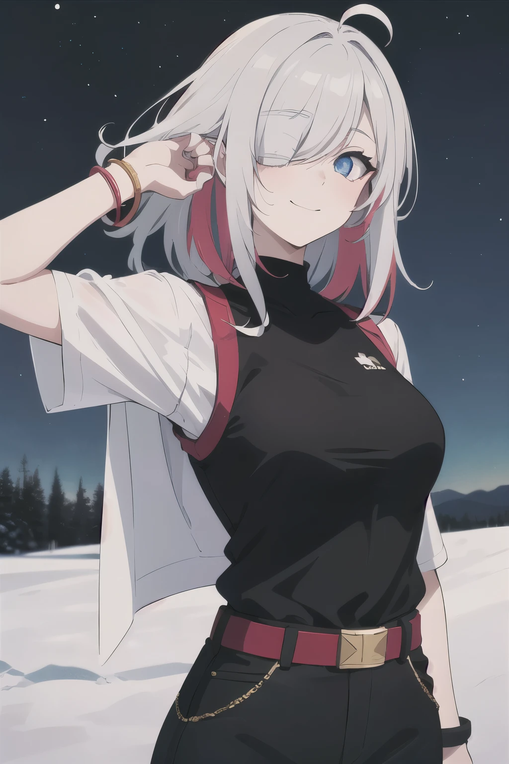 highres, highest quallity, 1girl, (adult:1.2), solo, ,medium_hair, (blank eyes:1.2), ahoge, (messy_hair:0.8), eye_shadow, grey_hair,multicolored hair, accessories, night sky, red_theme, red_eyeliner, glowing_eyes, striped_fashion, (beautiful woman, perfect face, perfect eyes, perfect female body, kkw-h-bb)1.5, seductive_smile, black_t-shirt, belt, bracelets, camp, snow, military_vest