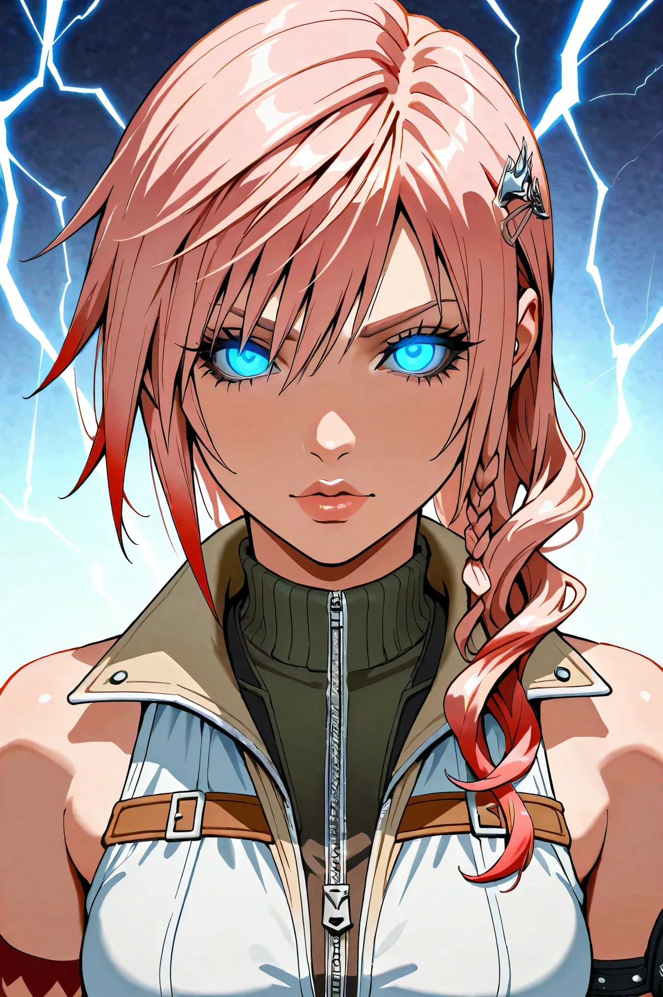 Blonde young woman, age 22, blonde hair with red stripes, red highlights on hair,long side bangs, headbands, long hair, tiny braids, Blue glowing eyes, Sharp eyes, thick eyelashes, perfect lips, Riso, Brincos de argola, medium breasts, lightning from final fantasy XIII, Claire Farron