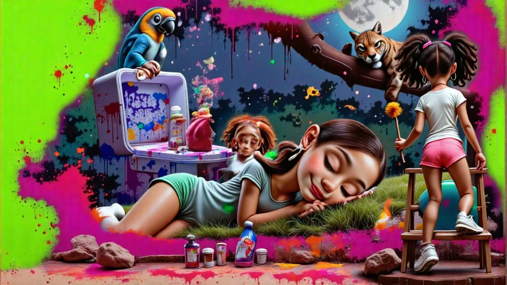 Inspired by Disney Pixar characters and films, create the image of A GIRL, with curly Afro-descendant hair tied in two ponytails, wearing a white t-shirt without any print, very short shorts, sensual and attractive pink, white socks up to her knees and white sneakers, everything white in her is dirty with paint without exception, including her t-shirt and socks. She is 1.35 tall, she is a , but she is sensual, attractive, charming, bold, depraved, BEAUTIFUL, THIN, SENSUAL, PRE-ADOLESCENT BODY, -YOUNG, ATTRACTIVE, 1.35 TALL, LIGHT BROWN SKIN, FILMED FROM THE BACK ON A TWO-STEP LADDER WITH A BRUSH IN HER HAND, she paints a girl with straight and long black hair down to her waist, light brown skin lying on the grass wearing a colorful feather as an earring, a white t-shirt and shorts. very short green, on the upper right side a jaguar sleeps, leaning on its back a golden lion tamarin sleeps, in the blurred background we have a giant music box where a  in a diap plays music and a blue macaw sleeps, it is an environment that represents the starry night with a blue moon in the Amazon forest