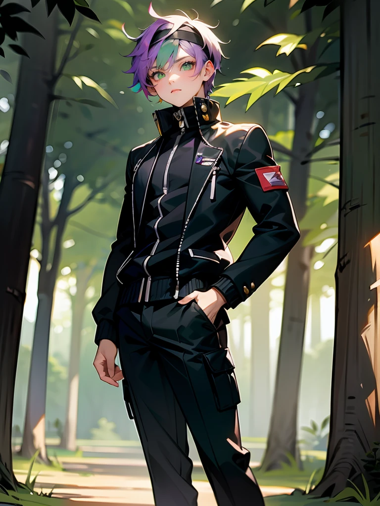 1male, Black Headband, calm expression, purple and green eyes, heterochromia, black tracksuit, zipped up, gakuran uniform, lean muscular build, black cargo pants, perfect generation, Standing In a Forest , Detailed Background, Vibrant Background, 