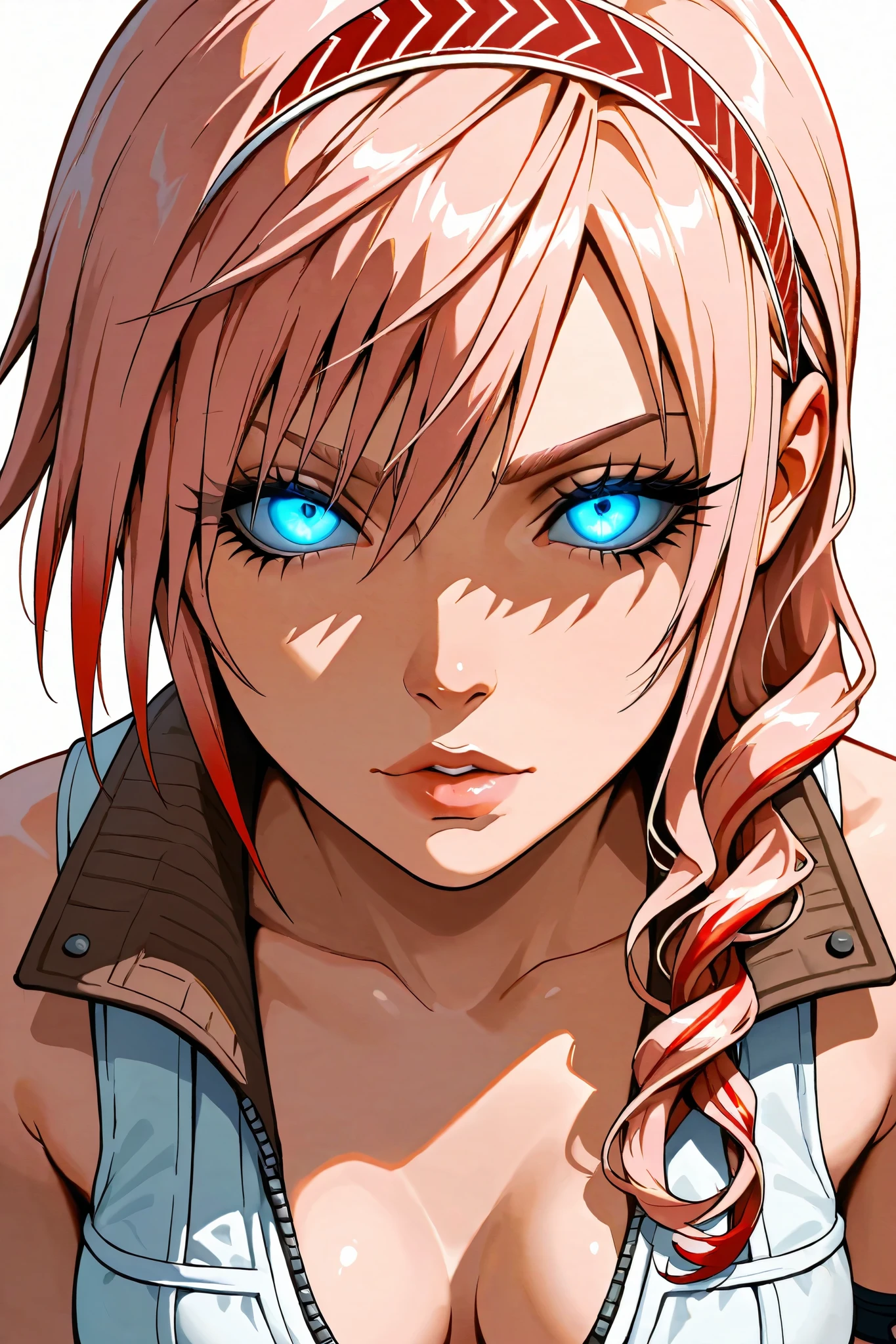 Blonde young woman, age 22, blonde hair with red stripes, red highlights on hair,long side bangs, headbands, long hair, tiny braids, Blue glowing eyes, Sharp eyes, thick eyelashes, perfect lips, Riso, Brincos de argola, medium breasts, lightning from final fantasy XIII, Claire Farron