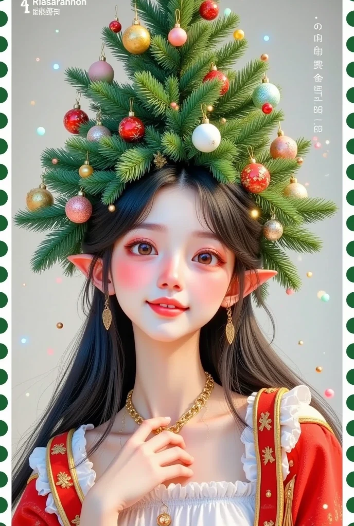 (masterpiece,  Quality Best :1.2), 1 Girl,  unique ，Merry Christmas，   pretty girl with a Christmas tree hanging on her head，Hanging Christmas balls  ，Stamp border
