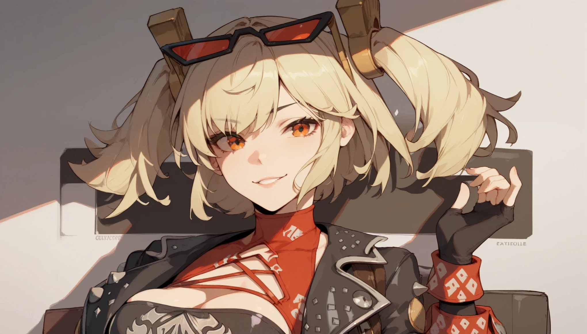 Character:

Burnice_ZZZ, blonde hair, orange eyes, two side up, short twintails, hair ornament, eyewear on head, sunglasses, goggles,

Default Outfit:

crop top, tube top, black jacket, black thighhighs, cropped jacket, red shirt, cleavage cutout, long sleeves, belt, black skirt, red wrist cuffs, red thigh strap, fingerless gloves, miniskirt, midriff, turtleneck,