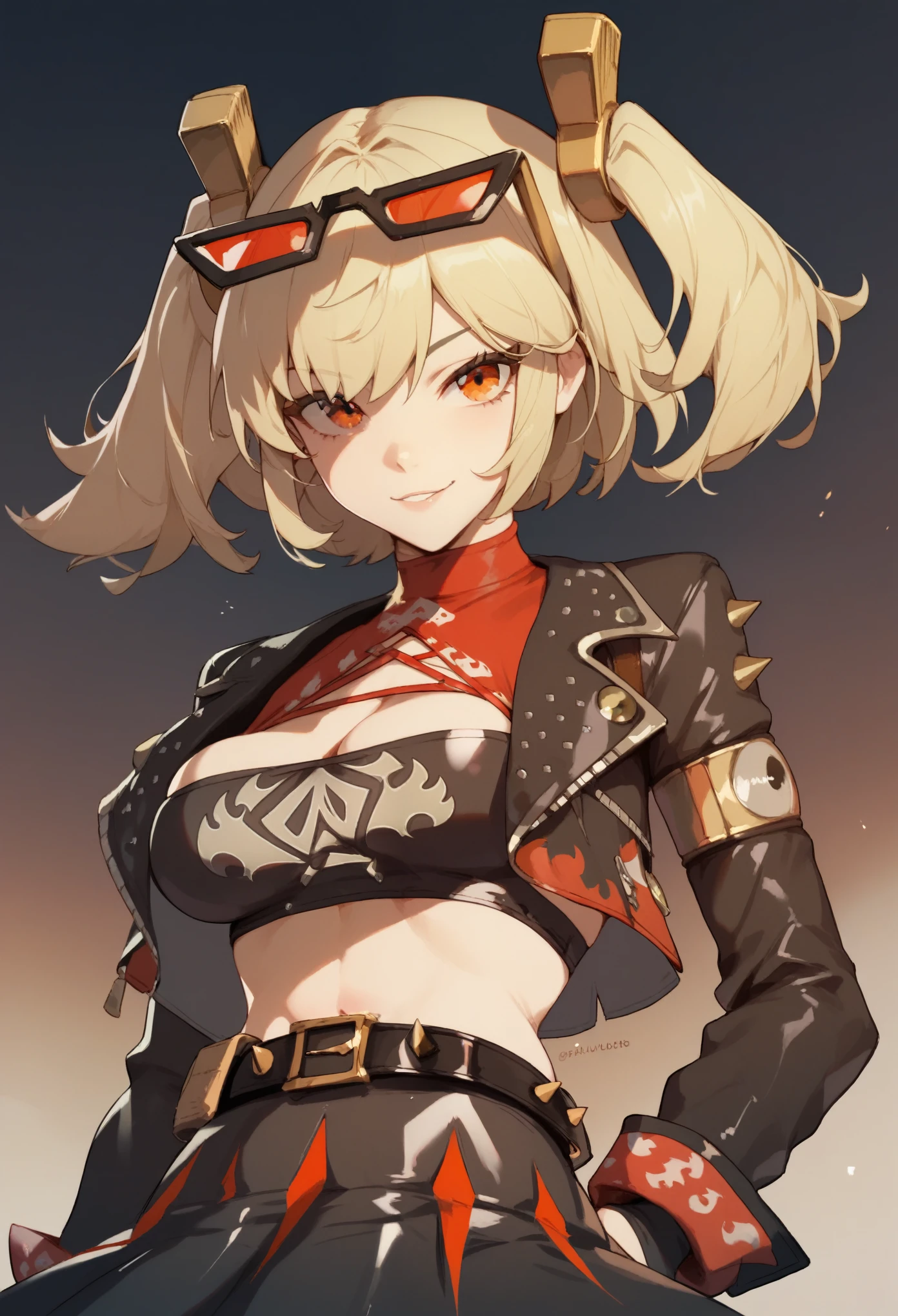 Character:

Burnice_ZZZ, blonde hair, orange eyes, two side up, short twintails, hair ornament, eyewear on head, sunglasses, goggles,

Default Outfit:

crop top, tube top, black jacket, black thighhighs, cropped jacket, red shirt, cleavage cutout, long sleeves, belt, black skirt, red wrist cuffs, red thigh strap, fingerless gloves, miniskirt, midriff, turtleneck,