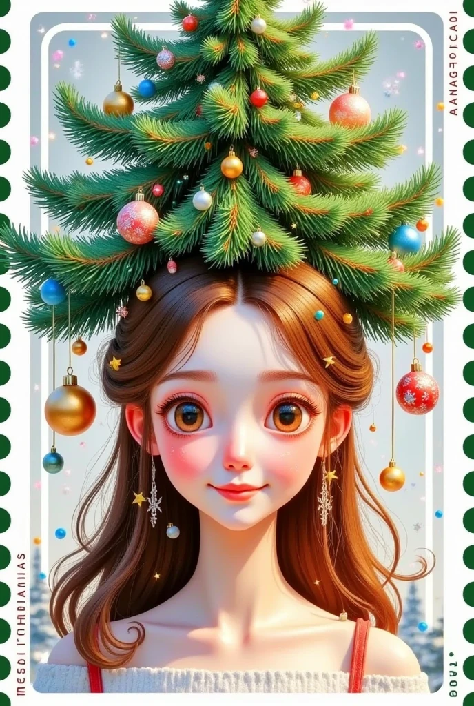 (masterpiece,  Quality Best :1.2), 1 Girl,  unique ，Merry Christmas，   pretty girl with a Christmas tree hanging on her head，Hanging Christmas balls  ，Stamp border
