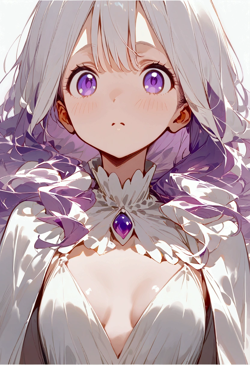  My hair is clear white and the length is slightly around my shoulders。 My face is cute and kind 。The eyes are purple and zitoida。I'm short and have small breasts 。 I'm wearing an exposed white dress 。 anime-like illustrations