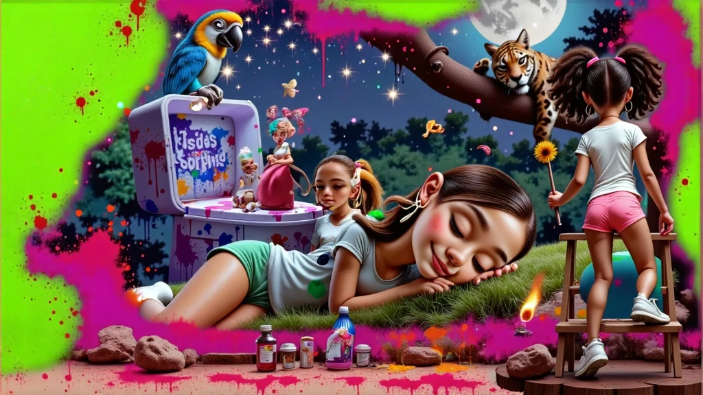 Inspired by Disney Pixar characters and films, create the image of A GIRL, with curly Afro-descendant hair tied in two ponytails, wearing a white t-shirt without any print, very short shorts, sensual and attractive pink, white socks up to her knees and white sneakers, everything white in her is dirty with paint without exception, including her t-shirt and socks. She is 1.35 tall, she is a , but she is sensual, attractive, charming, bold, depraved, BEAUTIFUL, THIN, SENSUAL, PRE-ADOLESCENT BODY, -YOUNG, ATTRACTIVE, 1.35 TALL, LIGHT BROWN SKIN, FILMED FROM THE BACK ON A TWO-STEP LADDER WITH A BRUSH IN HER HAND, she paints a girl with straight and long black hair down to her waist, light brown skin lying on the grass wearing a colorful feather as an earring, a white t-shirt and shorts. very short green, on the upper right side a jaguar sleeps, leaning on its back a golden lion tamarin sleeps, in the blurred background we have a giant music box where a baby in a diaper plays music and a blue macaw sleeps, it is an environment that represents the starry night with a blue moon in the Amazon forest