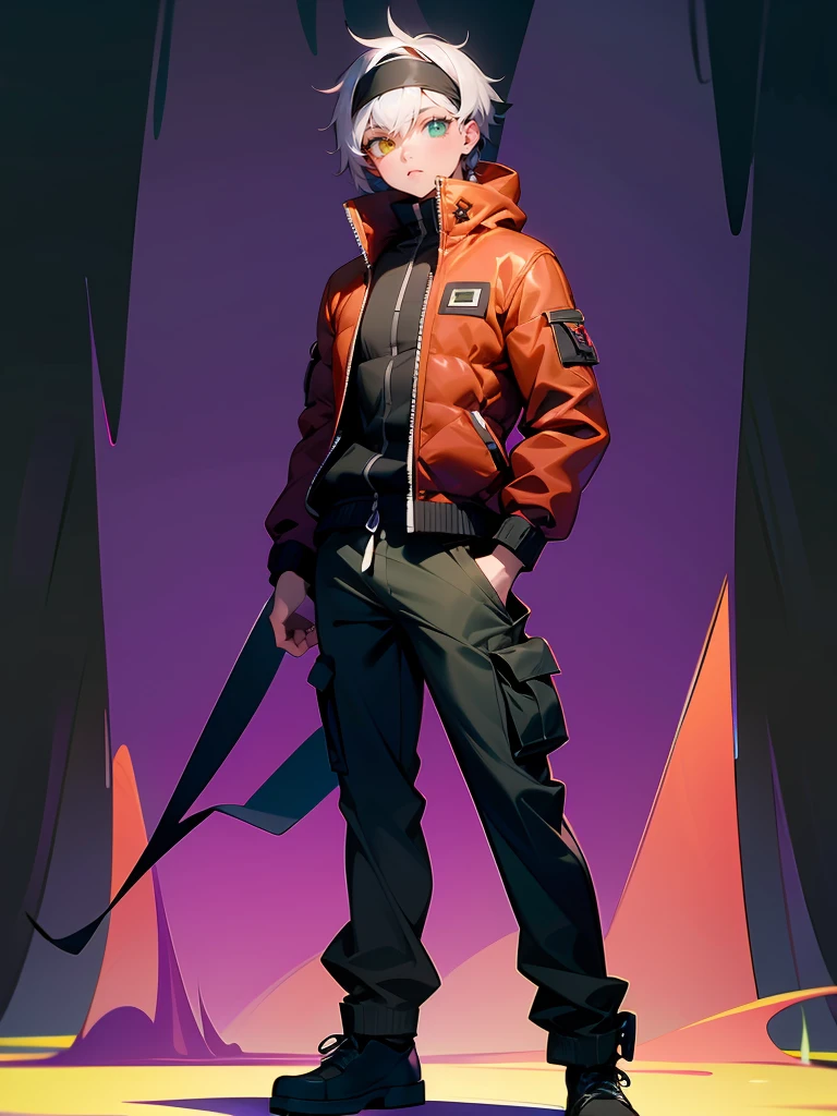 1male, Black Headband, calm expression, purple and green eyes, heterochromia, black tracksuit, zipped up, Red Hood,Baggy gakuran uniform, lean muscular build, black cargo pants, perfect generation, Standing In a Forest , Detailed Background, Vibrant Background, 