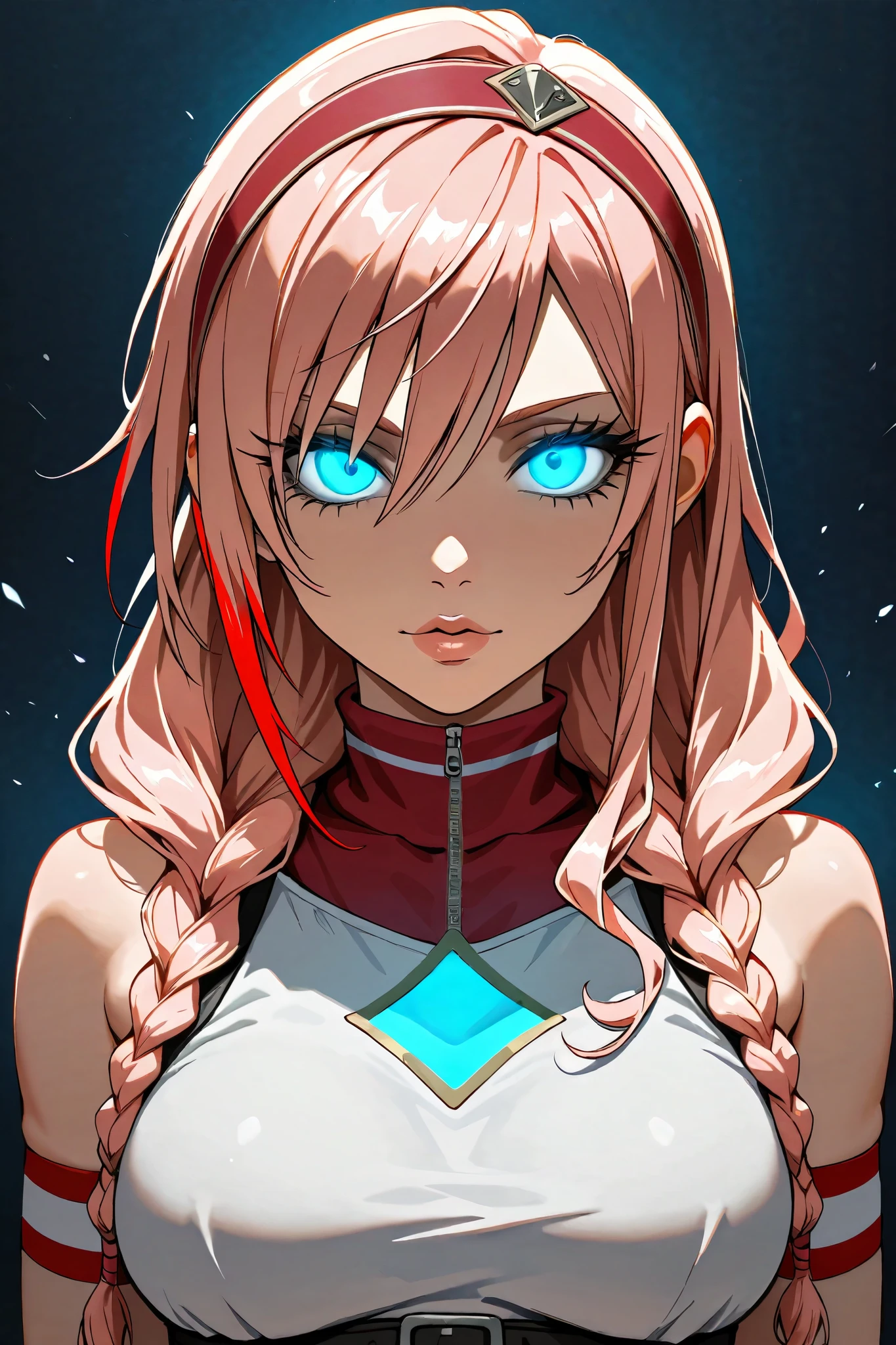 Blonde young woman, age 22, blonde hair with red stripes, red highlights on hair,long side bangs, headbands, long hair, tiny braids, Blue glowing eyes, Sharp eyes, thick eyelashes, perfect lips, Riso, Brincos de argola, medium breasts, Claire Farron hair style 