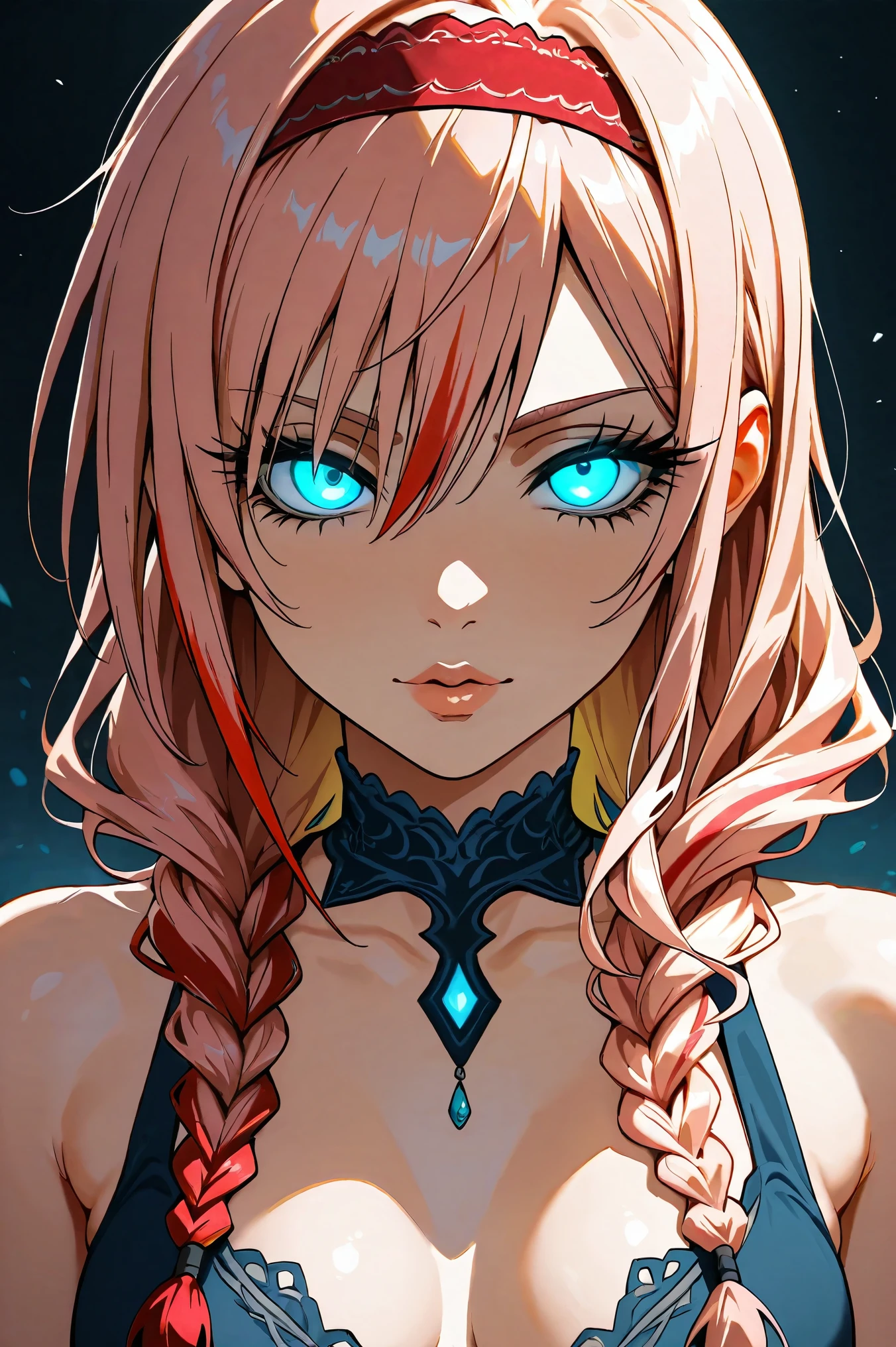 Blonde young woman, age 22, blonde hair with red stripes, red highlights on hair,long side bangs, headbands, long hair, tiny braids, Blue glowing eyes, Sharp eyes, thick eyelashes, perfect lips, Riso, Brincos de argola, medium breasts, Claire Farron hair style 