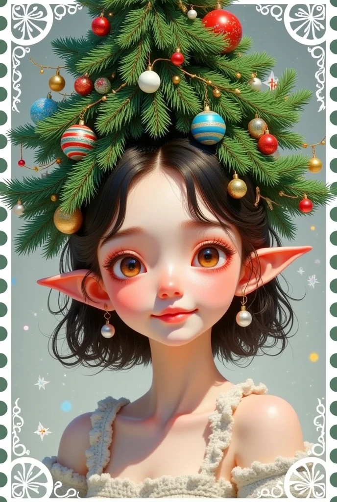 (masterpiece,  Quality Best :1.2), 1 Girl,  unique ，Merry Christmas，   pretty girl with a Christmas tree hanging on her head，Hanging Christmas balls  ，Stamp border
