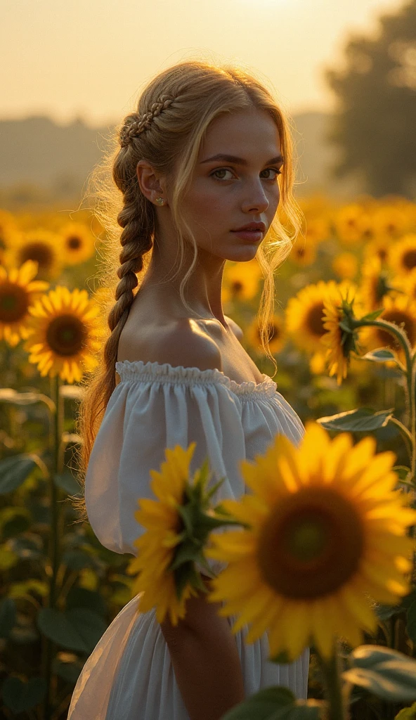 Carefully detailed, hyper-realistic oil painting with exciting, ,, Young beautiful Slavic girl stands in a field of sunflowers, the sun is behind her, bokeh, braid around the head,,, shadows carefully visualize to create depth, and cool tones add contrast with warm lighting. The dramatic effects of chiaroscuro emphasize the mood and intensity, and the skilled breeches of the artist bring depth and texture to the piece. Drawing inspiration from artists such as Norman Roquell, Steve X, poster, painting, 3d render, dark fantasy, photo, illustration, fashion, cinematic, bright 