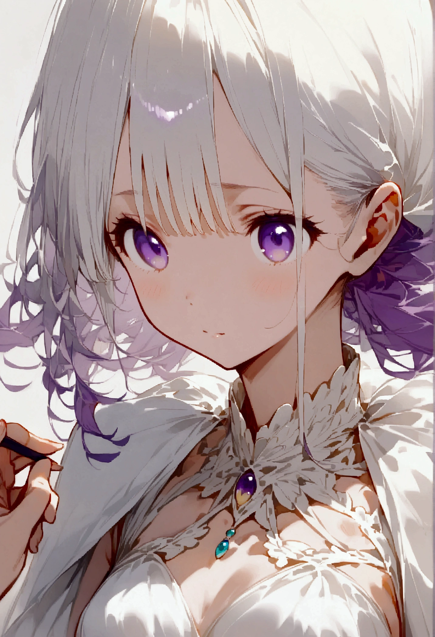  My hair is clear white and the length is slightly around my shoulders。 My face is cute and kind 。The eyes are purple and zitoida。I'm short and have small breasts 。 I'm wearing an exposed white dress 。 anime-like illustrations