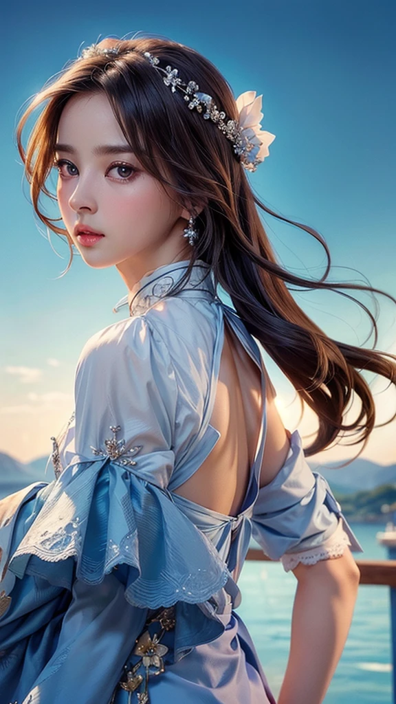 (masterpiece), ( top notch ), ( high quality detail ), (illustration), (1 woman),  are watching viewers, (Interview),  beautiful detailed eyes ,  delicate and beautiful face , Floating , (Highly saturated ), (shining),  blue sky, Bright and beautiful face,  Her skin is young, radiant, , 공정하고 shining, Best appearance , Very beautiful,  big eyes shine with clear sky blue light,  beautiful and amazing beautiful girl ,