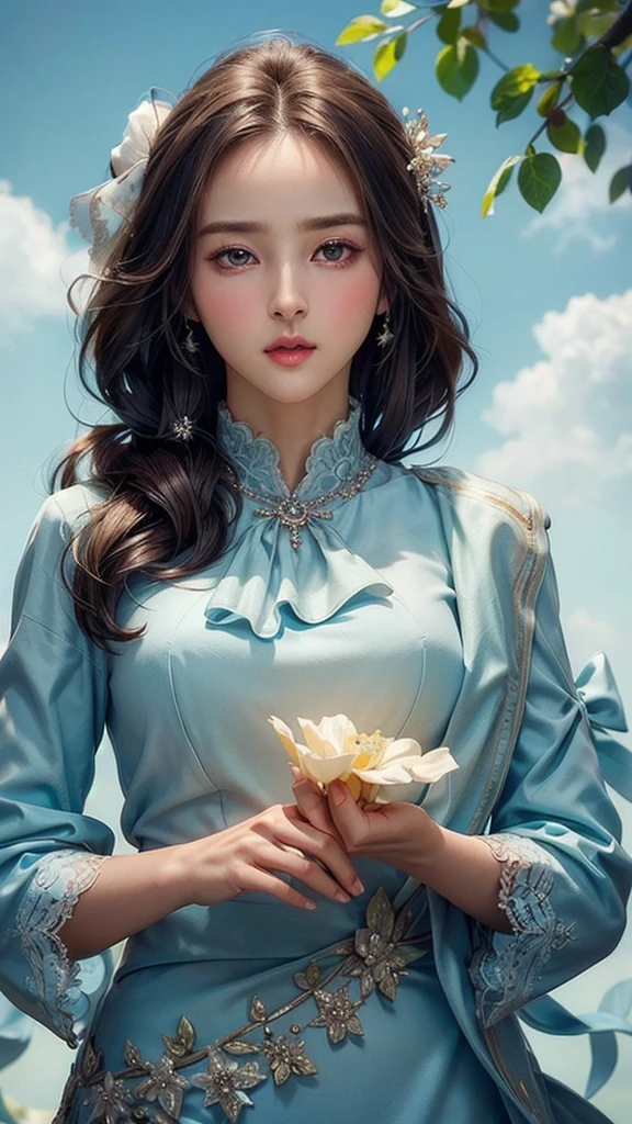 (masterpiece), ( top notch ), ( high quality detail ), (illustration), (1 woman),  are watching viewers, (Interview),  beautiful detailed eyes ,  delicate and beautiful face , Floating , (Highly saturated ), (shining),  blue sky, Bright and beautiful face,  Her skin is young, radiant, , 공정하고 shining, Best appearance , Very beautiful,  big eyes shine with clear sky blue light,  beautiful and amazing beautiful girl ,