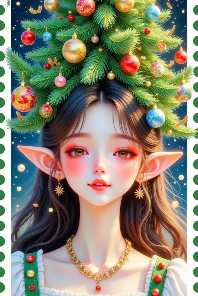 (masterpiece,  Quality Best :1.2), 1 Girl,  unique ，Merry Christmas，   pretty girl with a Christmas tree hanging on her head，Hanging Christmas balls  ，Stamp border
