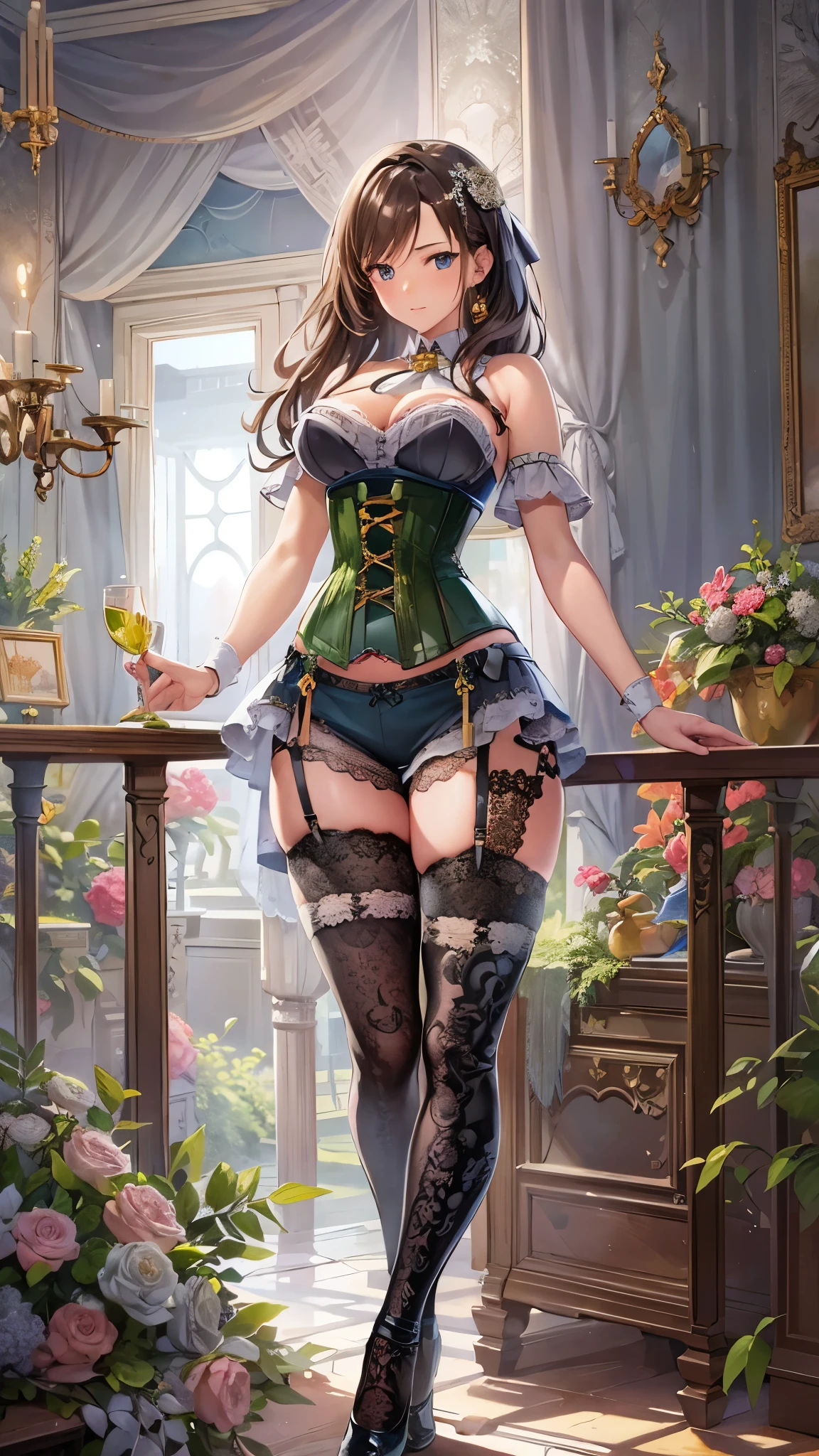 (masterpiece, best quality), intricate details, 1girl, (small breasts),shirt, corset, red skirt, cloak, ribbon, very long hair, hairclip, feathers, knife, belt, partially fingerless gloves,girlandsundries, on back,from above,full body, bag,shoes,toy, bags,shoes,(white bra), (briefs),Womb Tattoo,waves hair, long hair, side ponytail,