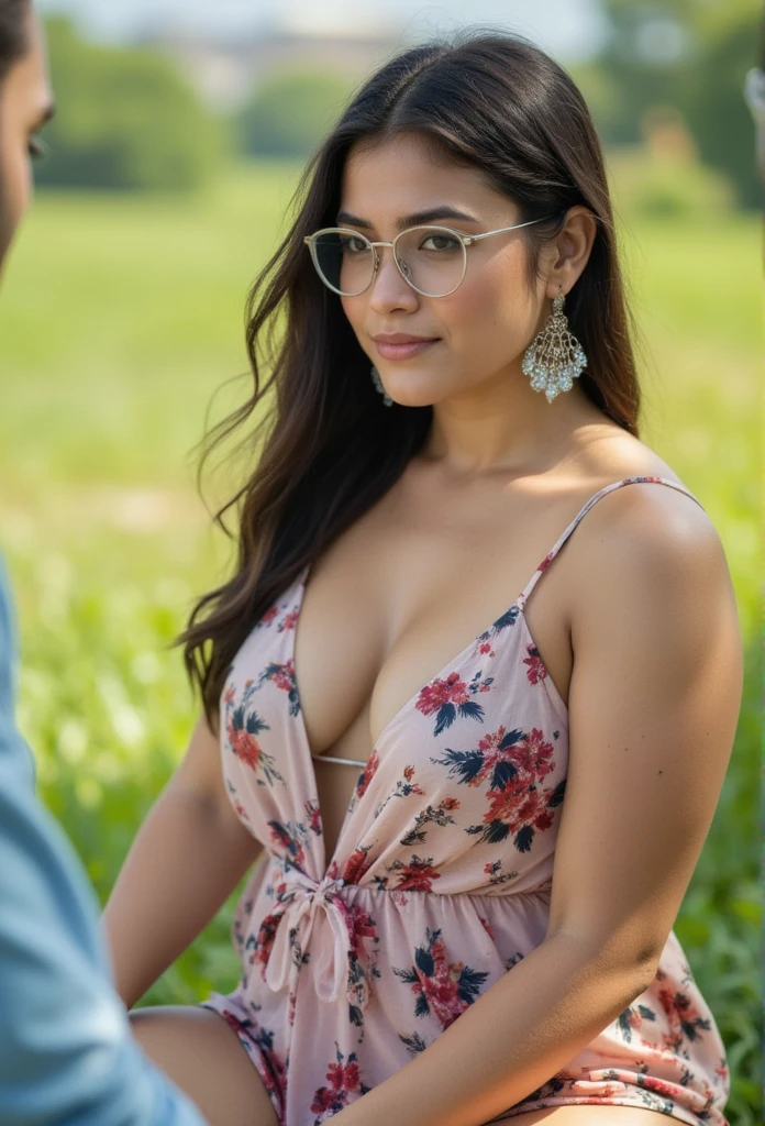 A photo of a sexy, curvy 20-year-old innocent colombian thick girl from a normal park setting. She's wearing a loose, sleeveless mini micro transparent floral sundress that hugs her figure, showcasing her thick muscular thighs. Shes is wearing Nerd glasses. Her confident smirk radiates charisma as she suts under the natural sunlight, her large earrings catching the light. The scene is vivid with the lush greenery of the park in the background. The soft breeze adds a playful movement to her dress and his casual shirt, enhancing the realism of the setting. Detailed skin texture, DSLR quality, cinematic lighting, and intricate accessories all come together to capture her allure and their shared moment of intimacy in this full-body view. (((large breasts))), (((deep open neckline))), ((frowning)), (((full body view))), (((inner thighs))), (((thick thighs))), (((sexy thick thighs))), (((full body view))), (((full body view, 1.2))), (((sitting))), (((thick massive thighs))), (((nerd glasses)))
