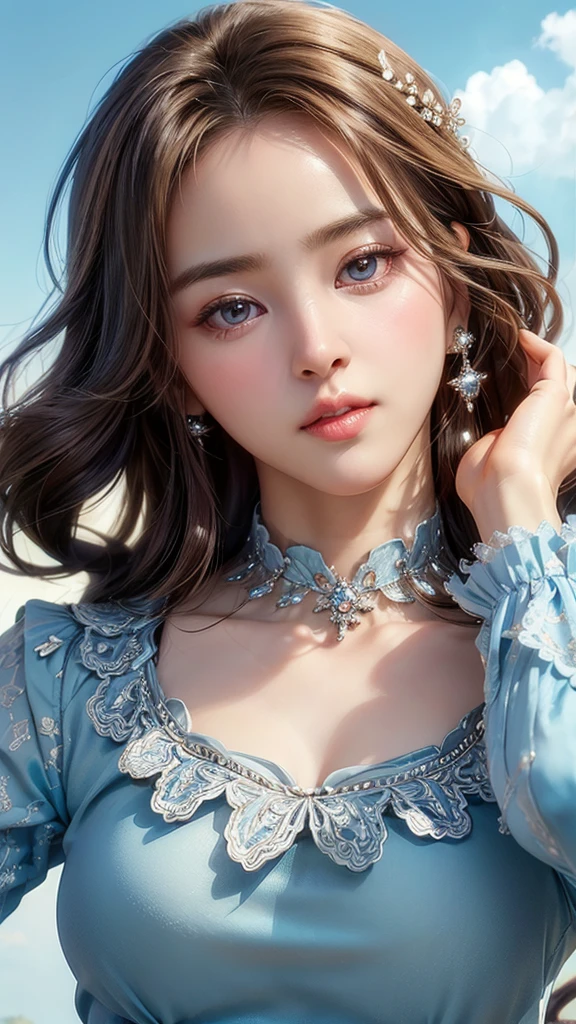 (masterpiece), ( top notch ), ( high quality detail ), (illustration), (1 woman),  are watching viewers, (Interview),  beautiful detailed eyes ,  delicate and beautiful face , Floating , (Highly saturated ), (shining),  blue sky, Bright and beautiful face,  Her skin is young, radiant, , 공정하고 shining, Best appearance , Very beautiful,  big eyes shine with clear sky blue light,  beautiful and amazing beautiful girl ,