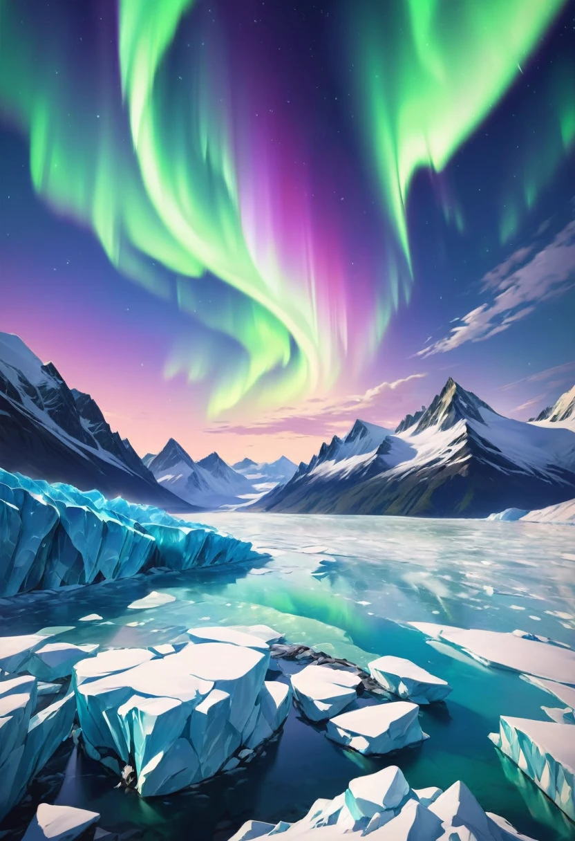 from center, aurora over the glacier, magnificent view:1.3, BREAK masterpiece, best quality, very aesthetic, absurdres, newest and recent, very aesthetic