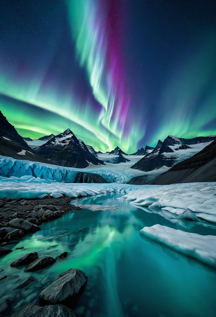 from center, aurora over the glacier, magnificent view:1.3, BREAK masterpiece, best quality, very aesthetic, absurdres, newest and recent, very aesthetic