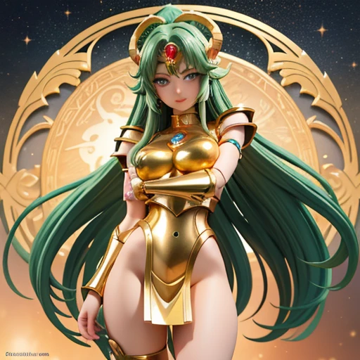 une femme, 25 ans, manga, cheveux longs, cheveux de couleur verte, armure d'or, armure du belier, saint seiya, seiya, Aries, horned helmet, chevalier du zodiaque, dans un Grèce antique, temple antique, gold epaulettes in the shape of large ram's horns