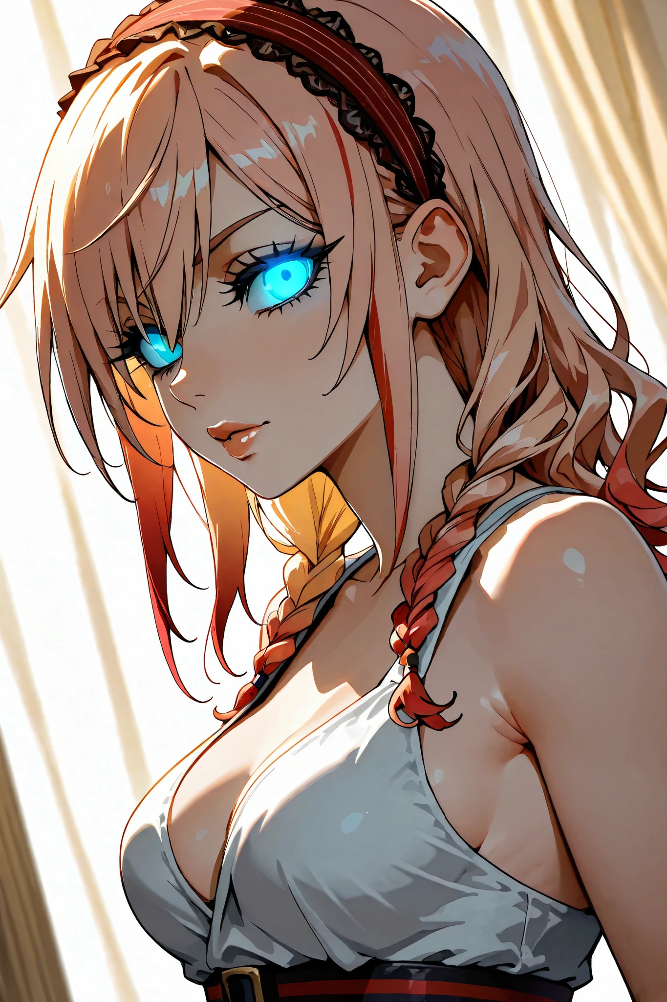 Blonde young woman, age 22, blonde hair with red stripes, red highlights on hair,long side bangs, headbands, long hair, tiny braids, Blue glowing eyes, Sharp eyes, thick eyelashes, perfect lips, Riso, Brincos de argola, medium breasts, Claire Farron hair style torso  view