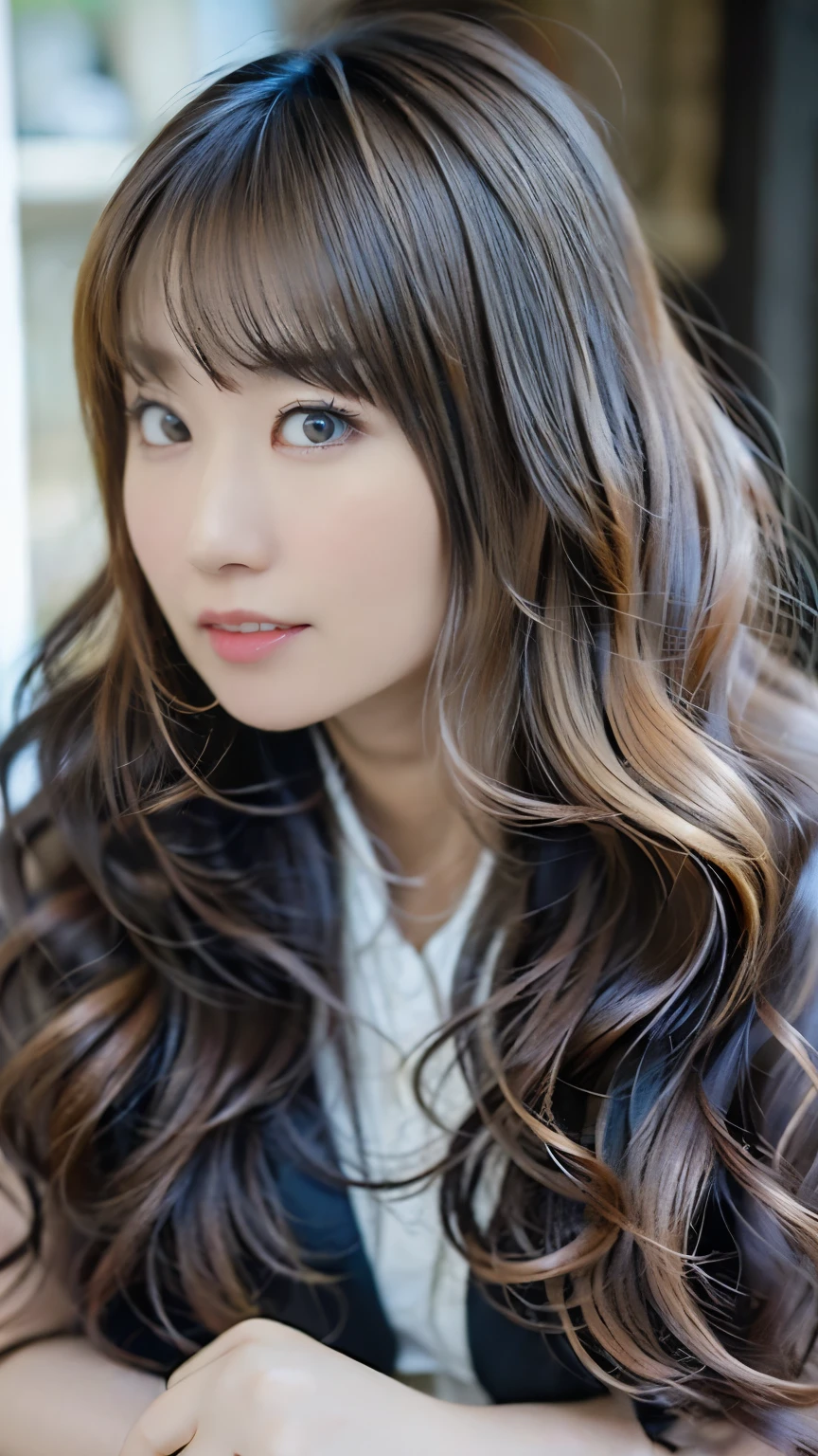 1 girl, alone focus,(middle beast,front open blouse), (ash color, hair,long hair,bangs :1.5), highly detailed eyes, (white skin:1.1), highest quality, Super detailed,beautiful decollete,on the large bed,m legs pose,back side
