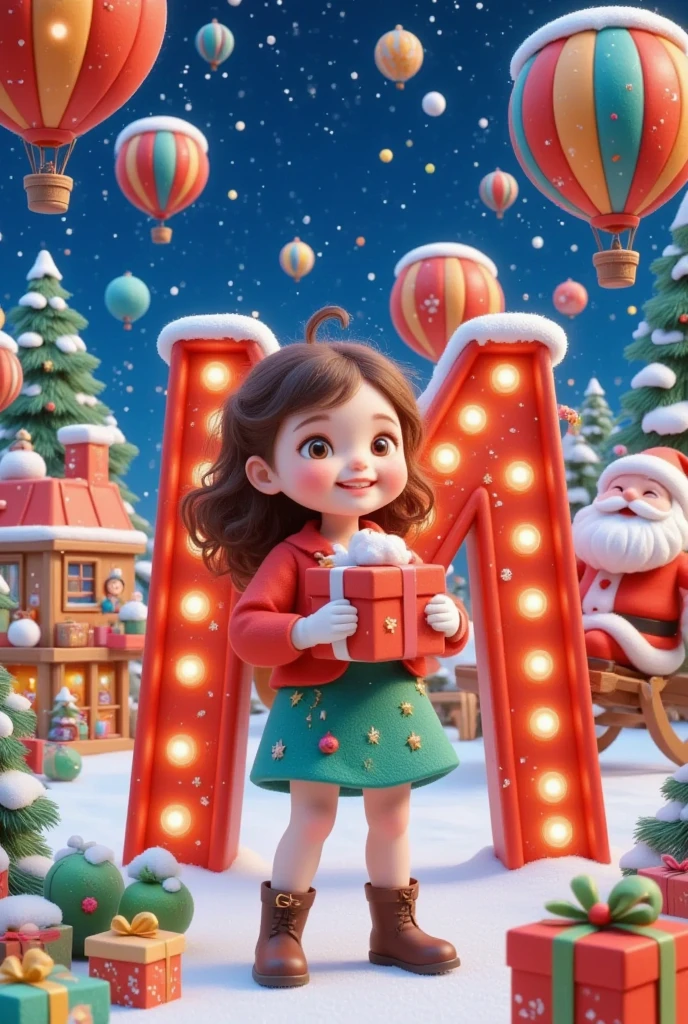 christmas postcard，Picture of a girl holding a gift。 Crazy Christmas ， Glowing Letter M Red，bearded santa claus，Hot air balloons in the sky，Warm Town ，Kids playing a snowball fight， Happy atmosphere 